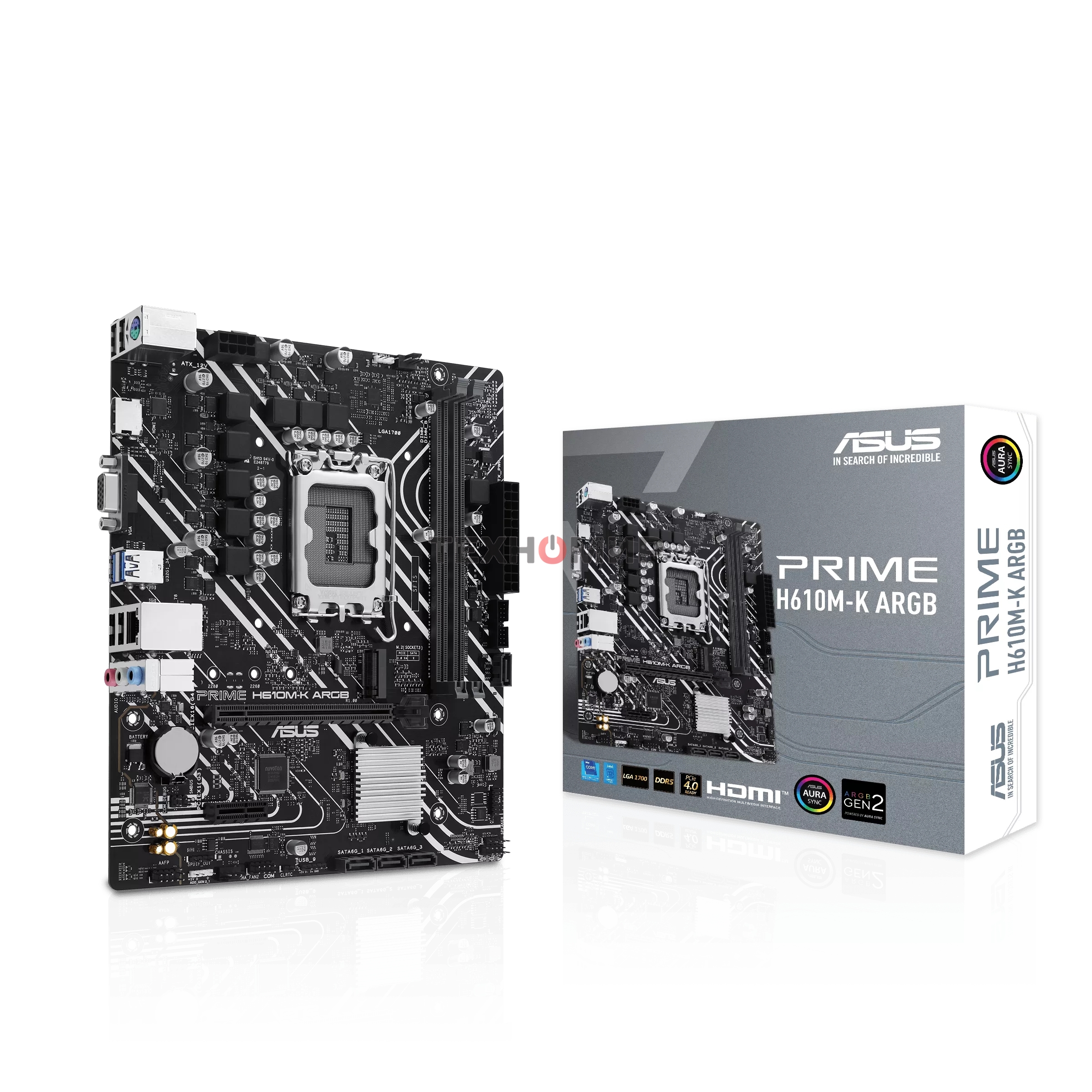 Материнская плата ASUS PRIME H610M-K ARGB, LGA1700, Intel H610, 2xDDR5, 4xSATA, 1xM.2, 1xPCIe 4.0 x16, 1xPCIe 3.0 x1, 1xVGA, 1xHDMI, 1x1Gb LAN, 2xUSB-A 5Gbps, 4xUSB-A 2.0, 3x3.5 мм, 7.1, mATX