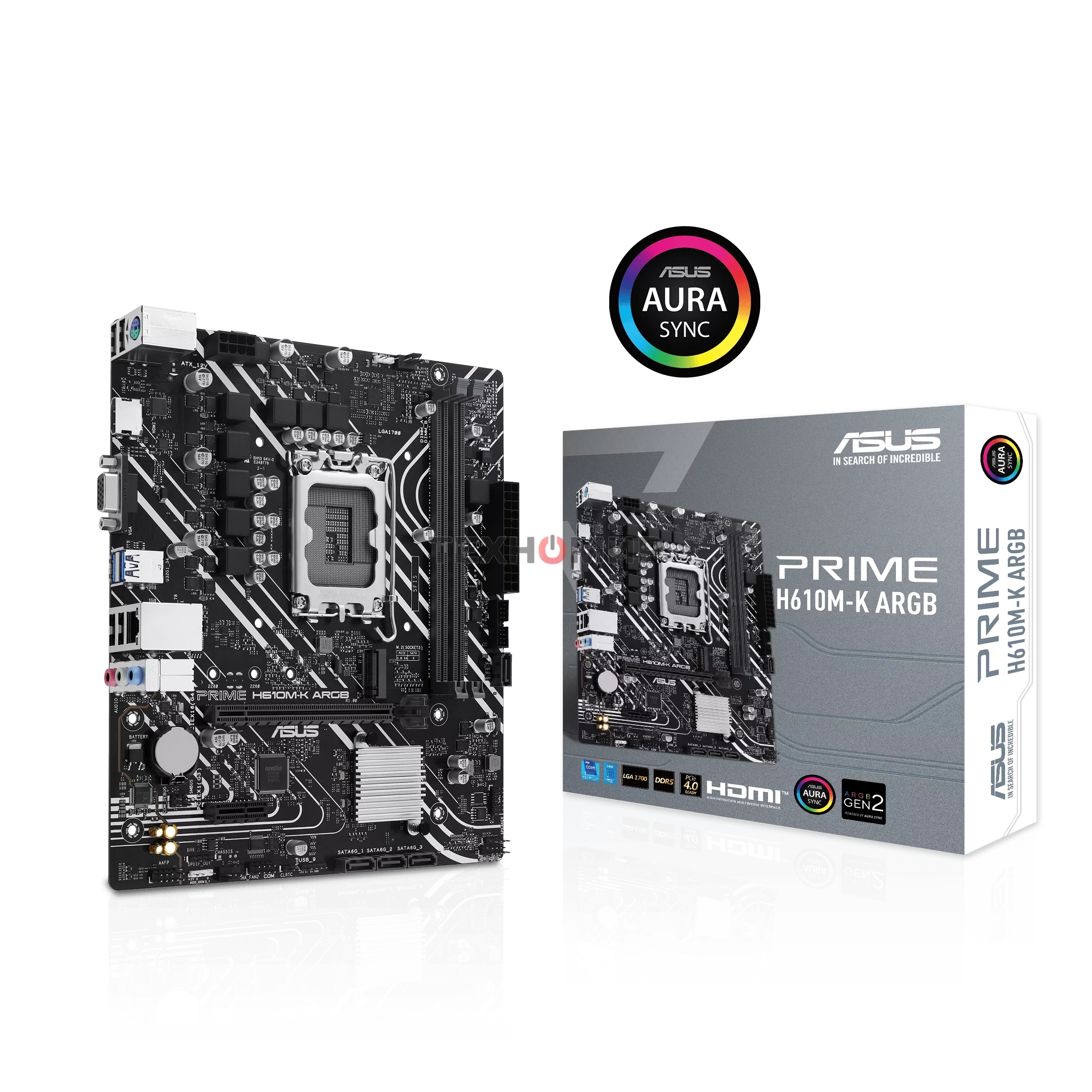 Материнская плата ASUS PRIME H610M-K ARGB, LGA1700, Intel H610, 2xDDR5, 4xSATA, 1xM.2, 1xPCIe 4.0 x16, 1xPCIe 3.0 x1, 1xVGA, 1xHDMI, 1x1Gb LAN, 2xUSB-A 5Gbps, 4xUSB-A 2.0, 3x3.5 мм, 7.1, mATX