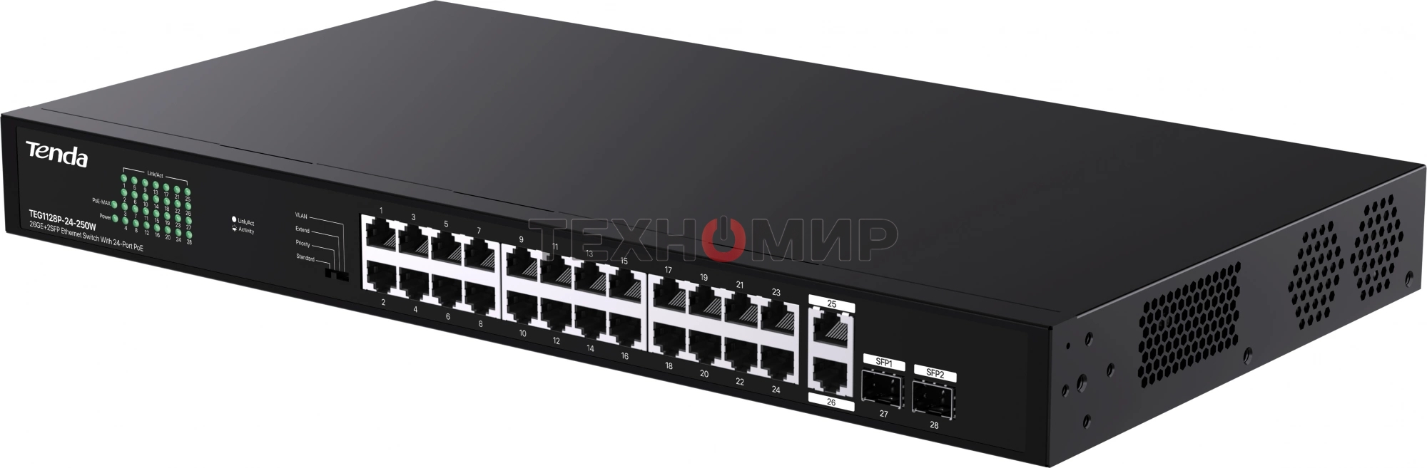Коммутатор неуправляемый Tenda TEG1128P-24-250W PoE, 26x1 Гбит/с, PoE 24х30 Вт (до 230Вт), SFP 2х1 Гбит/с