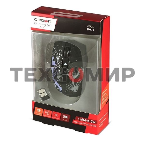 Мышь беспроводная Crown CMM-930W черный, 1600 dpi, радиоканал, USB, кнопки - 4