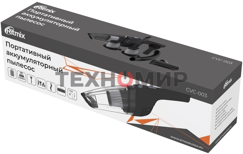 Пылесос ручной Ritmix CVC-003 черный/серый, 70 Вт, уборка сухая, пылесборник контейнер 0.32 л