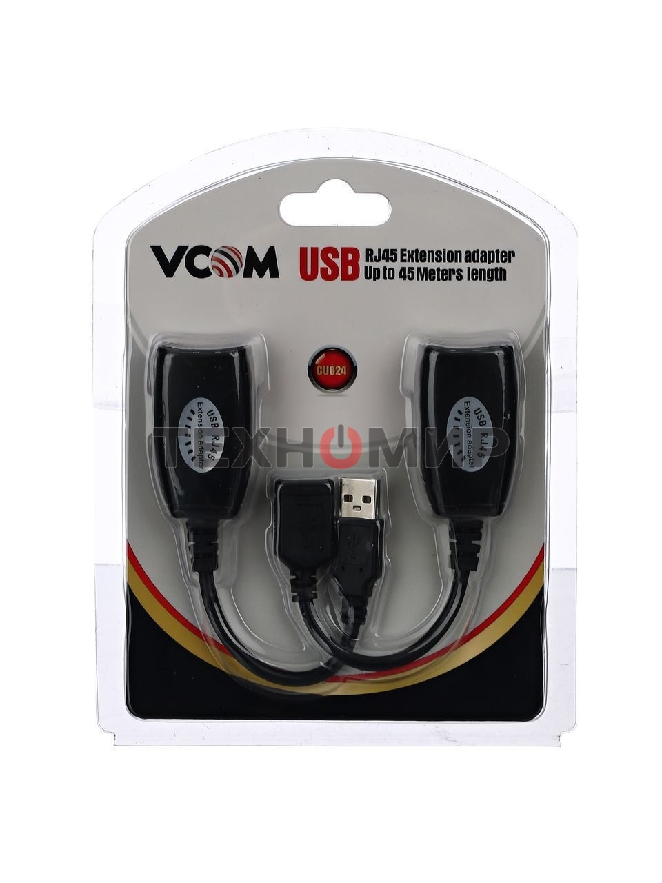 Кабель AM/AF удлинитель USB по витой паре VCOM (AM/RJ45-RJ45/AF) до 45m CU824