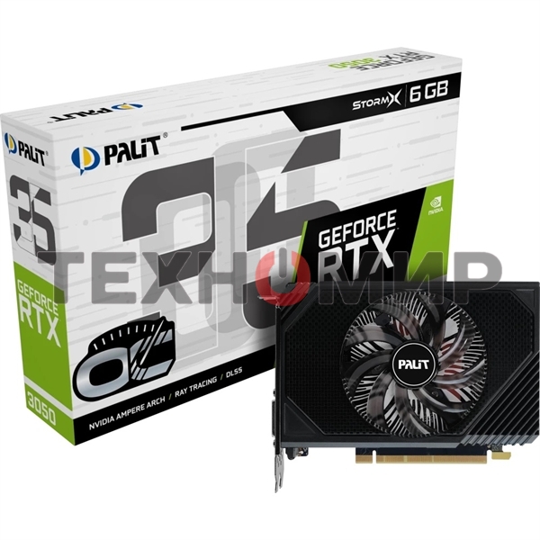 Видеокарта Palit RTX 3050 STORMX OC 6Gb NVIDIA GeForce RTX 3050 6Gb PCI-E 4.0 96bit GDDR6 1042/14000 DVIx1 HDMIx1 DPx1 HDCP Ret