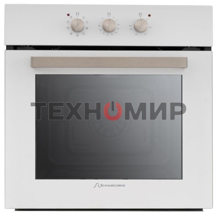 Встраиваемая электрическая духовка Schaub Lorenz 59.5х59.5x61 см, 58л, 9 режимов работы, механические переключатели, механический таймер, белая эмаль/ручки цвета нержавеющая сталь