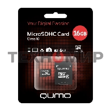 Флеш карта QUMO MicroSDHC 16Gb Сlass 10, адаптер в комплекте SD, черно-красная картонная упаковка