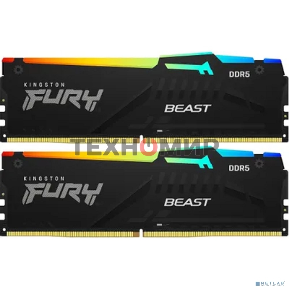 Оперативная память Kingston Fury Beast, DDR5, 64Gb (2x32Gb), 6000MHz, CL36, DIMM, с радиаторами, RGB, черный