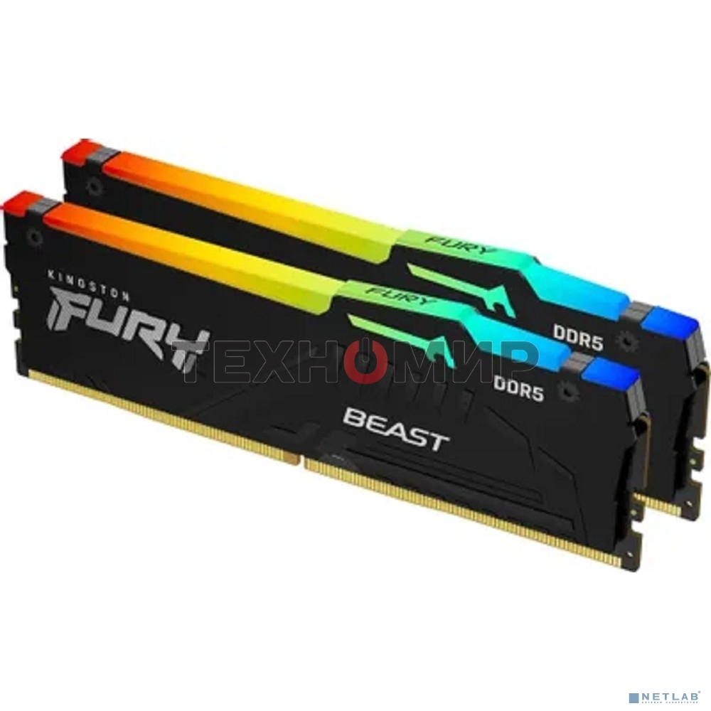 Оперативная память Kingston Fury Beast, DDR5, 64Gb (2x32Gb), 6000MHz, CL36, DIMM, с радиаторами, RGB, черный
