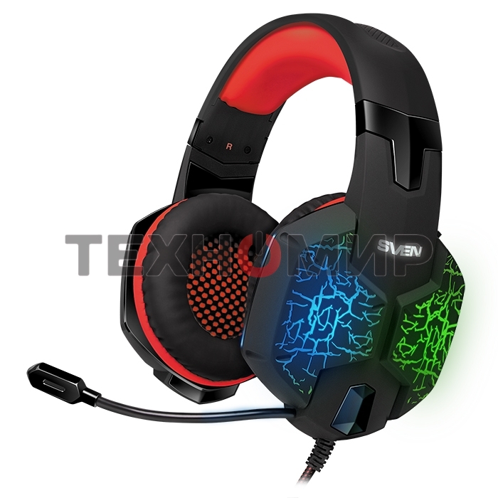 Гарнитура проводная игровая с микрофоном SVEN AP-U988MV, черный-красный (USB, LED, 7.1)