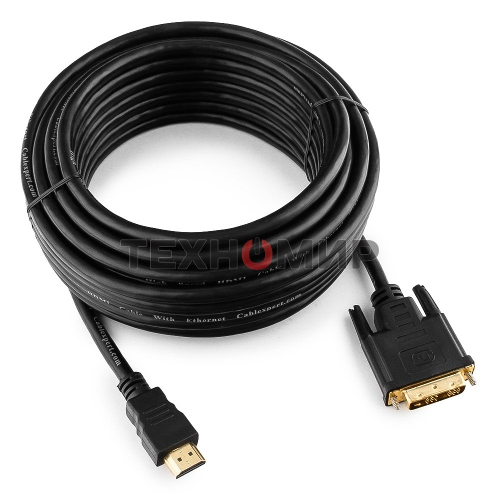 Кабель HDMI-DVI Cablexpert CC-HDMI-DVI-10MC, 19M/19M, single link, медь, позол.разъемы, экран, 10м, черный, пакет