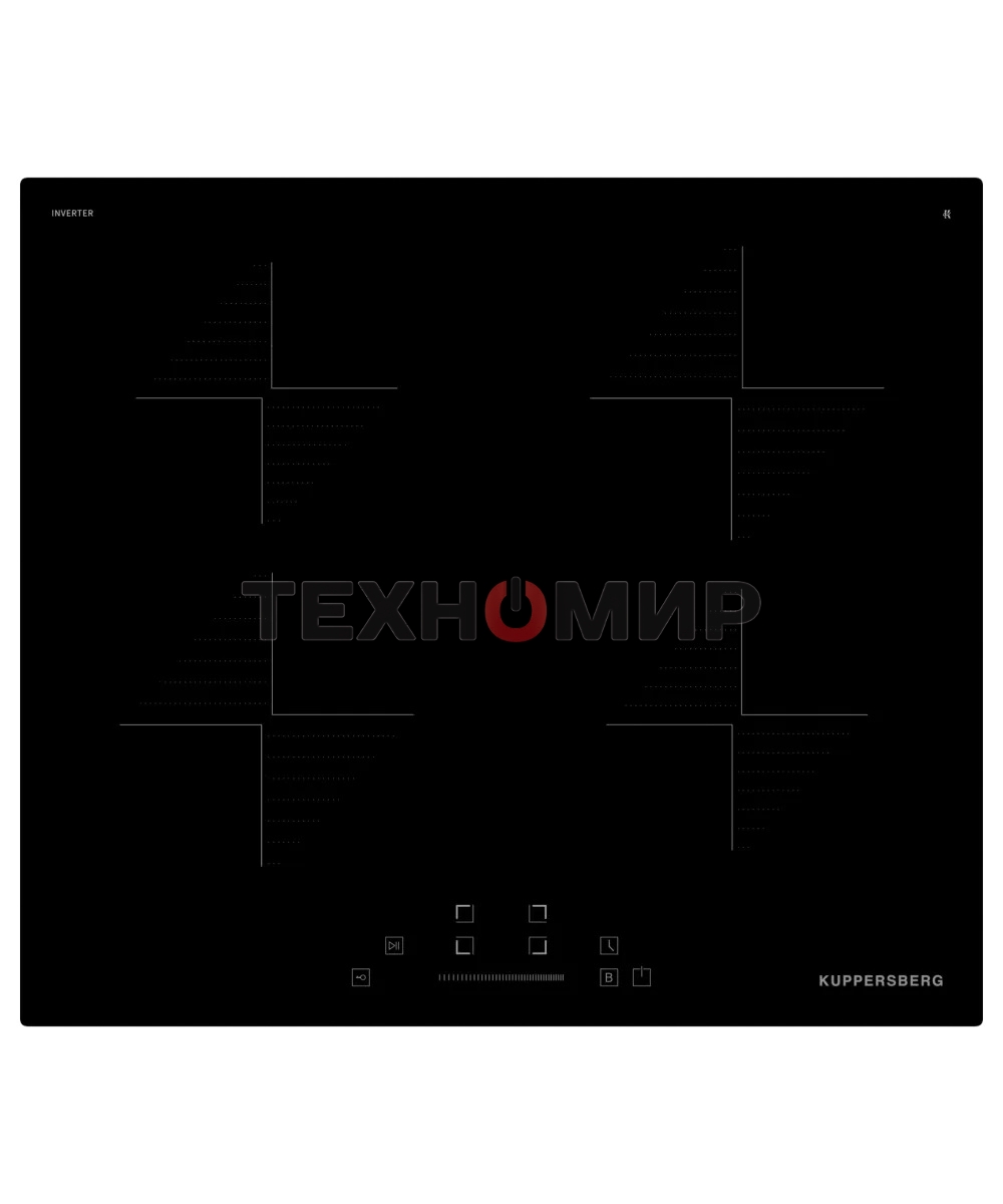 Индукционная варочная панель Kuppersberg ICI 604 60 см, индукция, High-Tech, inverter, прямой край, 9 уровней мощности, бустер, Stop and Go, автоматическое отключение, таймер, индикатор остаточного тепла, сенсорное/слайдерное управление, черный
