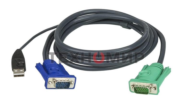 Шнур, мон+клав+мышь USB ATEN, SPHD15=>HD DB15+USB A-Тип, Male-2xMale, 8+4 проводов, опрессованный, 3 метр., черный, (2L-5203U)