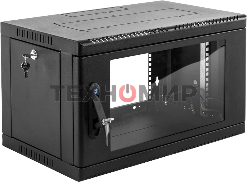 Шкаф коммутационный ЦМО (ШРН-6.500-9005) настенный 6U 600x500 мм пер. дв. стекл 200 кг черный 470 мм 180 град.