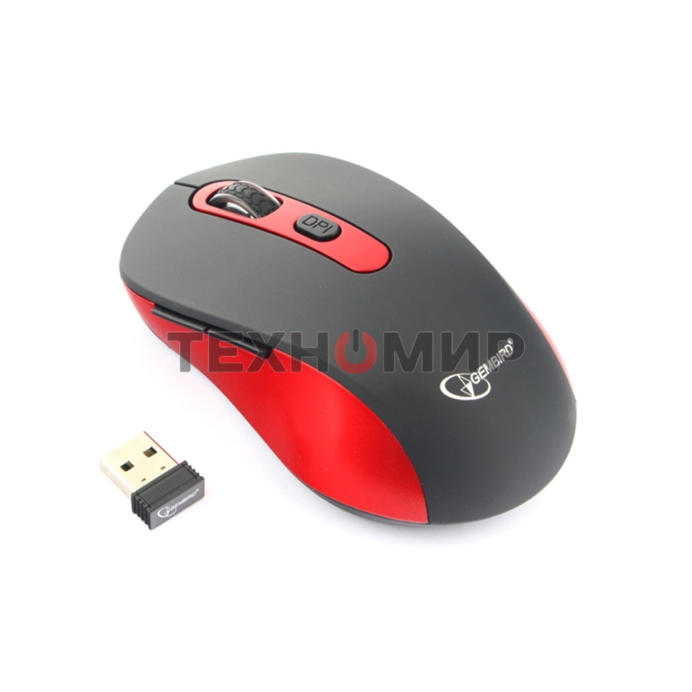 Мышь беспроводная Gembird MUSW-221-R черный/красный, 1600 dpi, радиоканал, USB, кнопки - 6