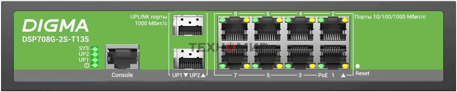 Коммутатор Digma DSP708G-2S-T135 (L2+) 8x1Gbит/с 2SFP 8PoE 8PoE+ 135W управляемый
