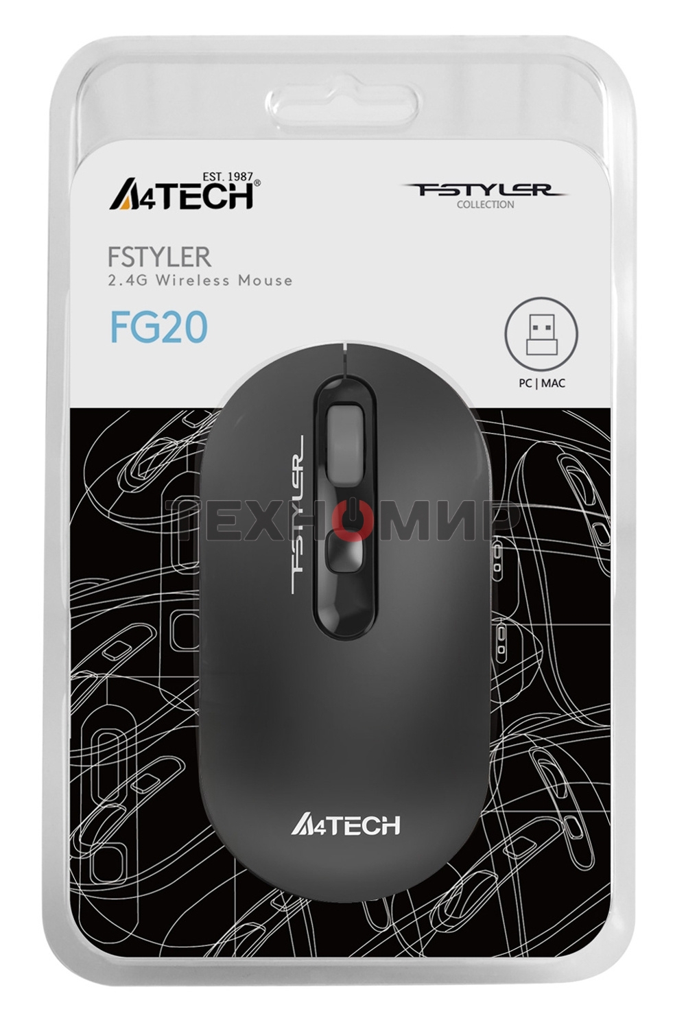 Мышь беспроводная A4Tech Fstyler FG20 серый, 2000 dpi, радиоканал, USB, кнопки - 4