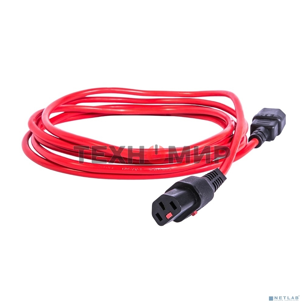 Шнур питания с фиксатором REM IEC 60320 C13/IEC 60320 C14, 10 А/250 В (3 * 1,0), 3 м, красный R-10-Cord-C13-C14-3-Red