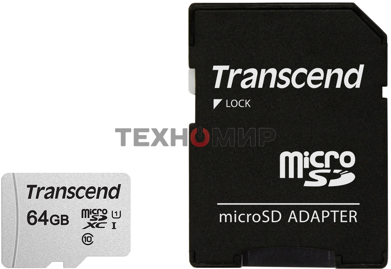 Флеш карта Micro SecureDigital 64Gb Transcend Class 10 TS64GUSD300S-A MicroSDXC Class 10 UHS-I, SD adapter