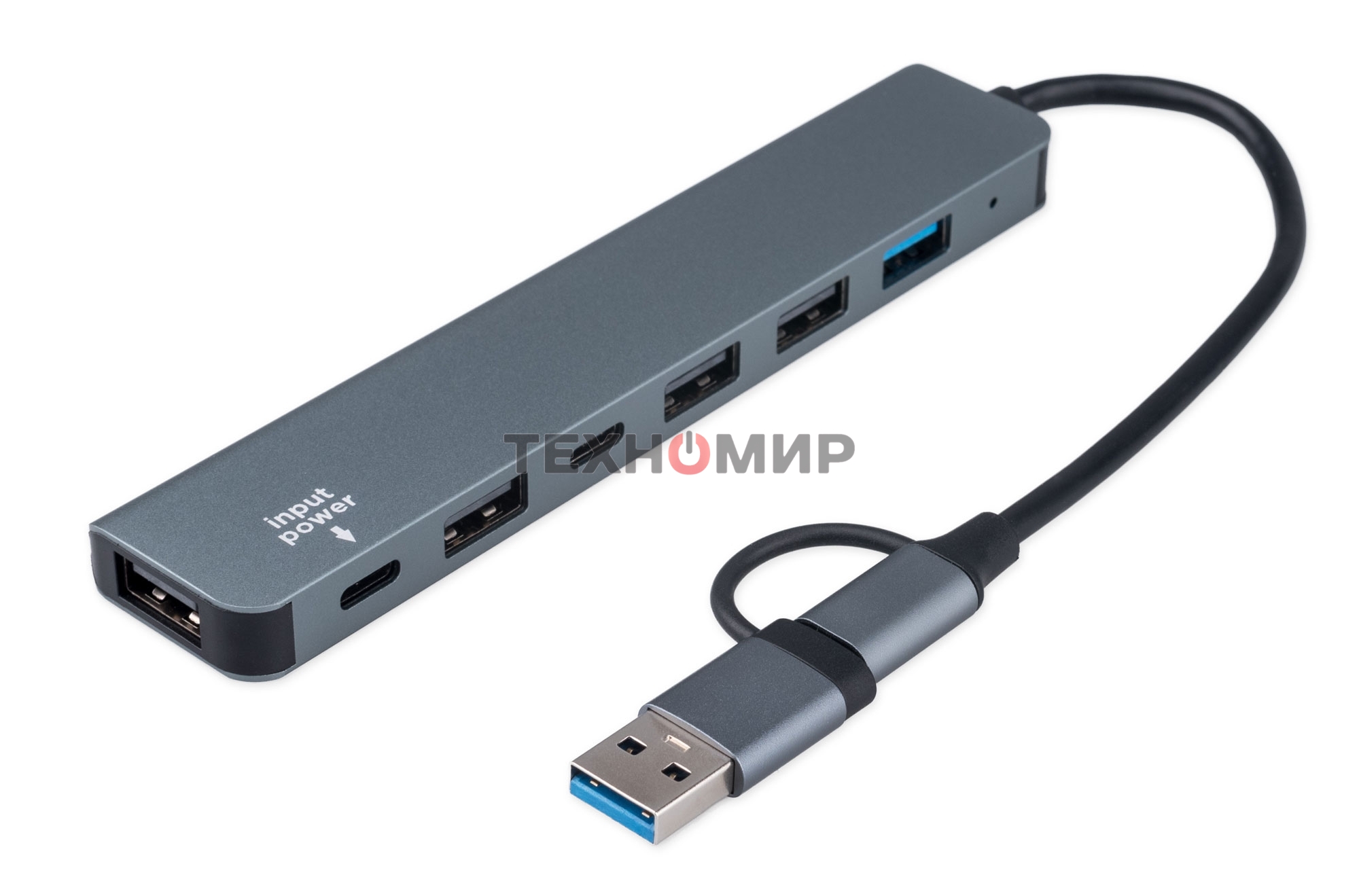 Разветвитель USB3.0/2.0 Gembird UHB-C445, USB3.0, 4хUSB2.0, Type-C, с доп.питанием (порт Type-C), кабель Type-C/USB 17см, алюминий, коробка