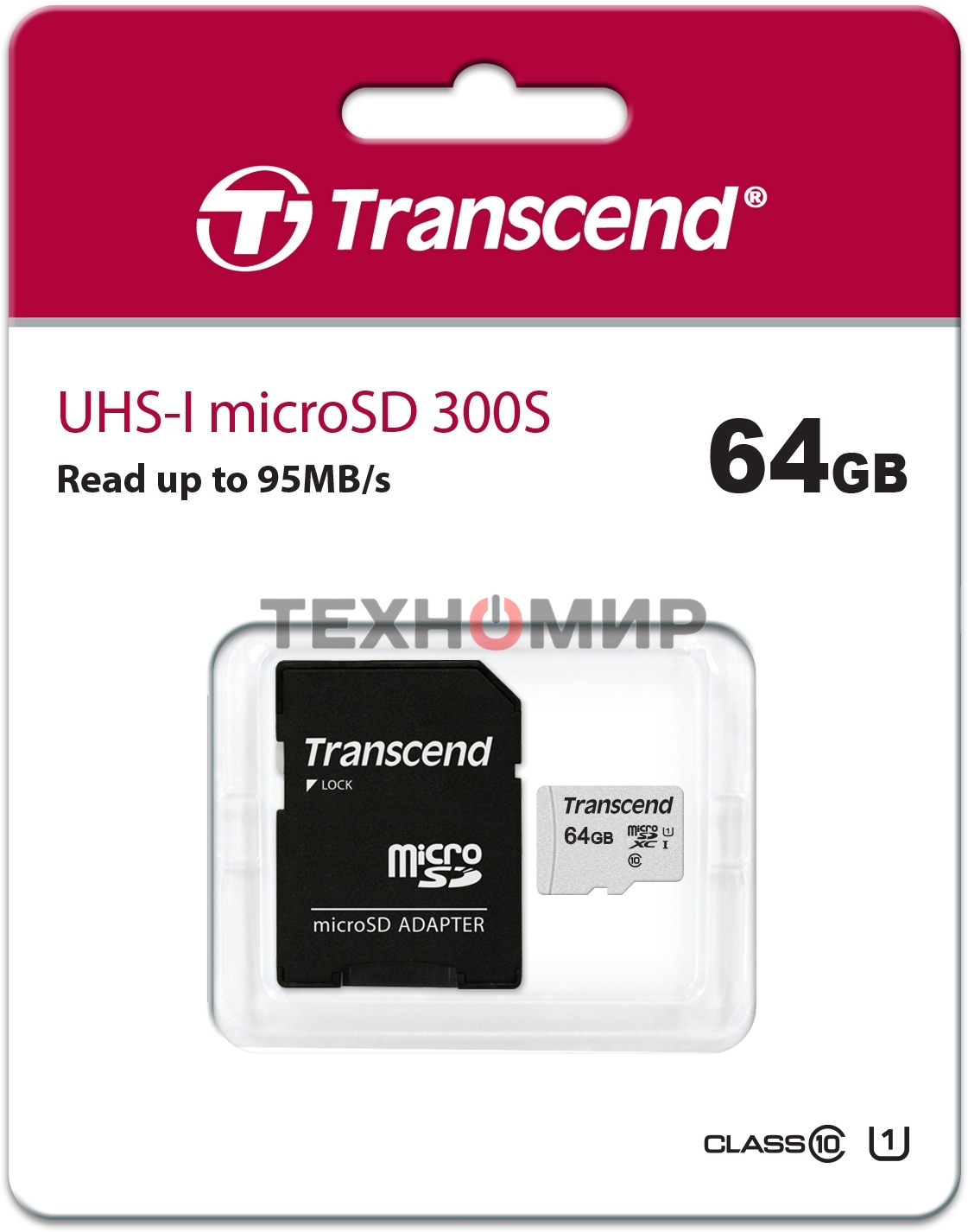 Флеш карта Micro SecureDigital 64Gb Transcend Class 10 TS64GUSD300S-A MicroSDXC Class 10 UHS-I, SD adapter