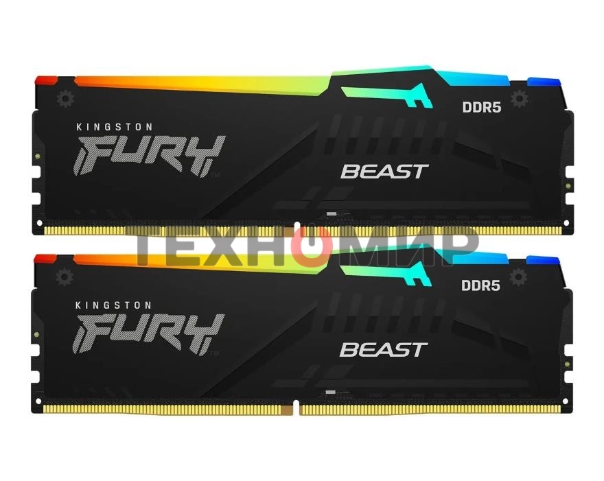 Оперативная память Kingston Fury Beast, DDR5, 32Gb (2x16Gb), 6000MHz, CL36, DIMM, с радиаторами, RGB, черный
