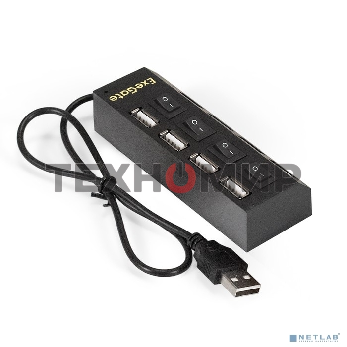 USB-концентратор ExeGate EX293977RUS DUB-42SW (кабель-адаптер USB2.0 --> 4xUSB2.0, кнопки включения/отключения для каждого порта, Plug&Play, черный)