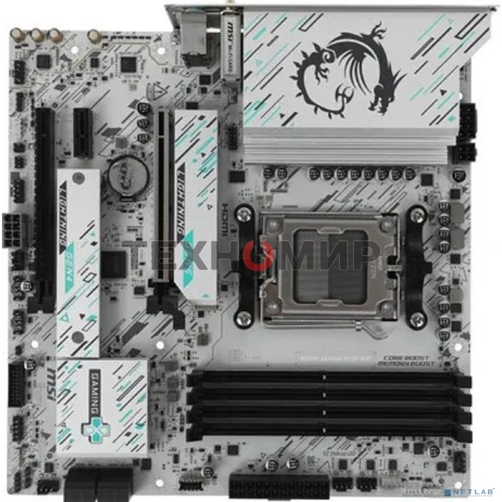 Материнская плата MSI B850M GAMING PLUS WIFI, AM5, AMD B850, 4xDDR5, 4xSATA, 2xM.2, 1xPCIe 5.0 x16, 1xPCIe 4.0 x4, 1xPCIe 3.0 x1, 1xDP, 1xHDMI, 1x5Gb LAN, Wi-Fi 7, Bluetooth 5.4, 3xUSB-C 10Gbps, 3xUSB-A 10Gbps, 3xUSB-A 5Gbps, 3x3.5 мм, 7.1, mATX