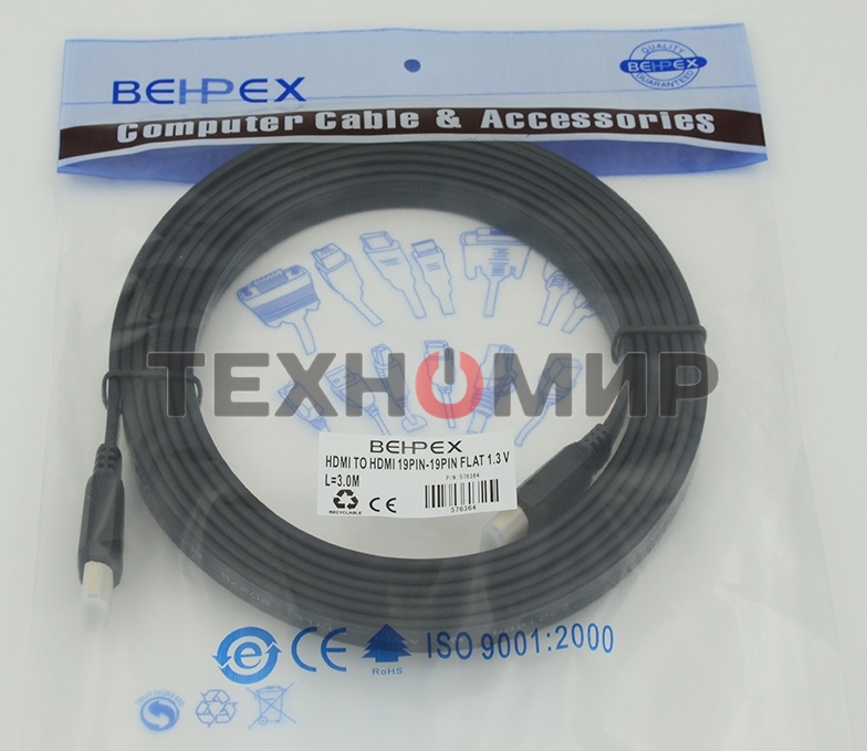 Кабель HDMI 3м SIEMAX FLAT 19M - 19M плоский, черный