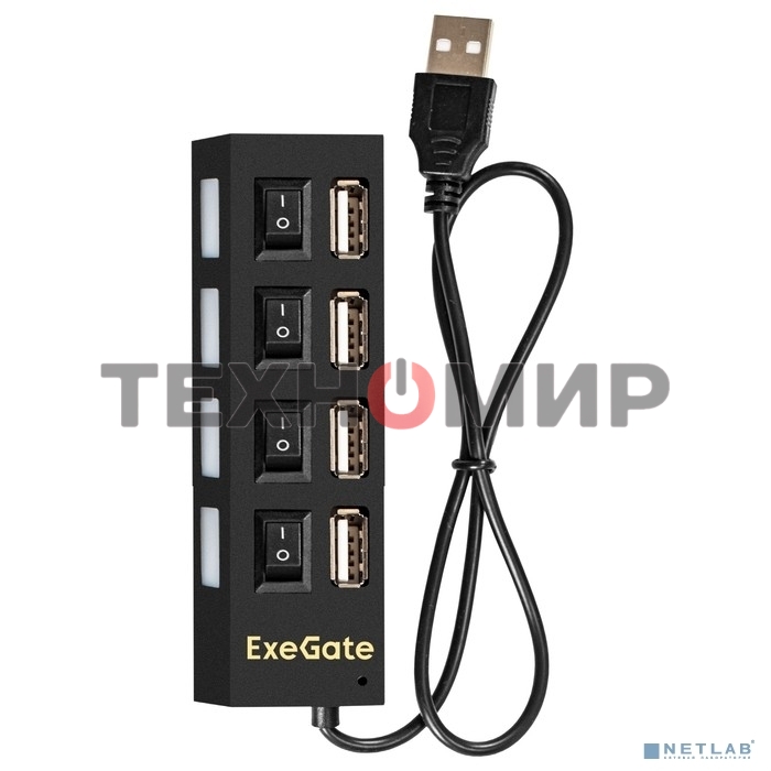 USB-концентратор ExeGate EX293977RUS DUB-42SW (кабель-адаптер USB2.0 --> 4xUSB2.0, кнопки включения/отключения для каждого порта, Plug&Play, черный)