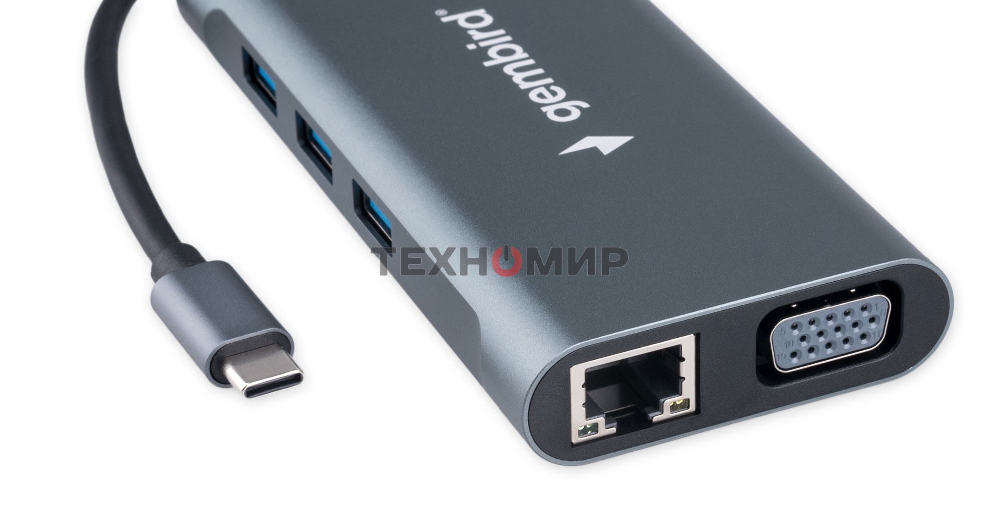 Концентратор USB Type-C Gembird UHB-D4, 10в1: 3xUSB3.1, Type-C PD87W, Jack 3.5, SD/TF, HDMI, RJ45, VGA, кабель 15 см, алюминий