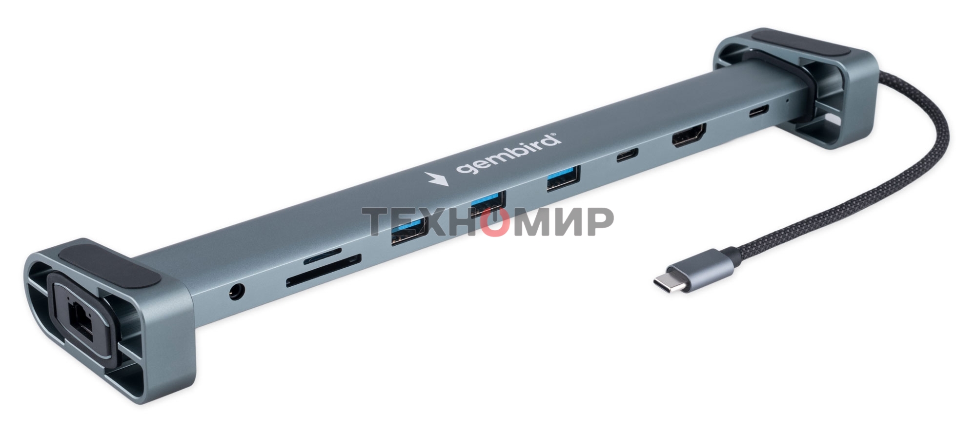 Концентратор USB Type-C Gembird UHB-D5, 10в1: 3xUSB3.1, Type-C PD87W, Jack 3.5, SD/TF, HDMI, RJ45, Type-C, кабель 14см, алюминий