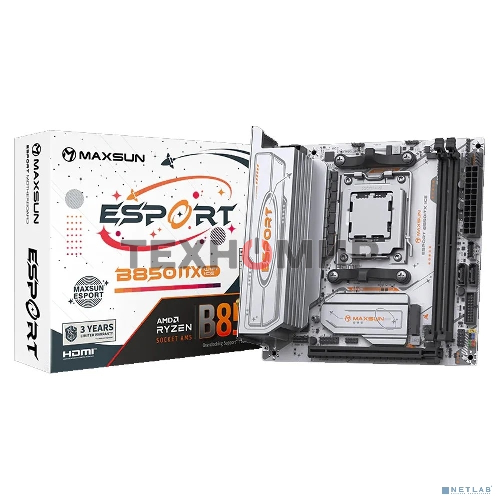 Материнская плата Maxsun eSport B850ITX WIFI ICE, AM5, AMD B850, 2xDDR5, 2xSATA, 2xM.2, 1xPCIe 5.0 x16, 1xHDMI, 1xDP, 1x2.5Gb LAN, Wi-Fi 6, Bluetooth 5.2, 2xUSB-A 5Gbps, 4xUSB-A 2.0, 3x3.5 мм, 7.1, Mini-ITX