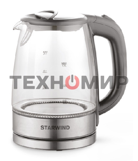 Чайник электрический Starwind SKG2315 1.7 л, 2200 Вт, серый/серебристый (корпус: стекло)