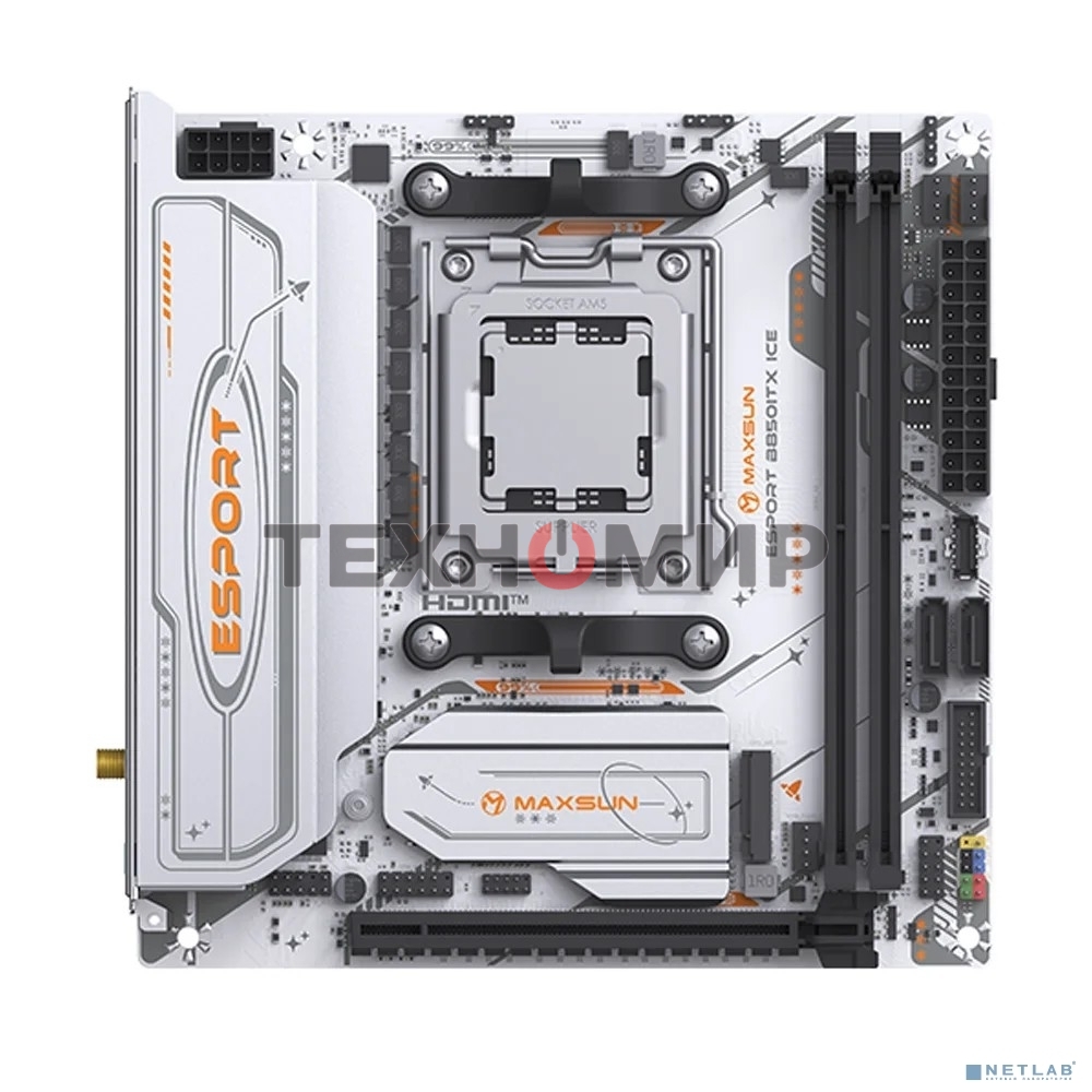 Материнская плата Maxsun eSport B850ITX WIFI ICE, AM5, AMD B850, 2xDDR5, 2xSATA, 2xM.2, 1xPCIe 5.0 x16, 1xHDMI, 1xDP, 1x2.5Gb LAN, Wi-Fi 6, Bluetooth 5.2, 2xUSB-A 5Gbps, 4xUSB-A 2.0, 3x3.5 мм, 7.1, Mini-ITX