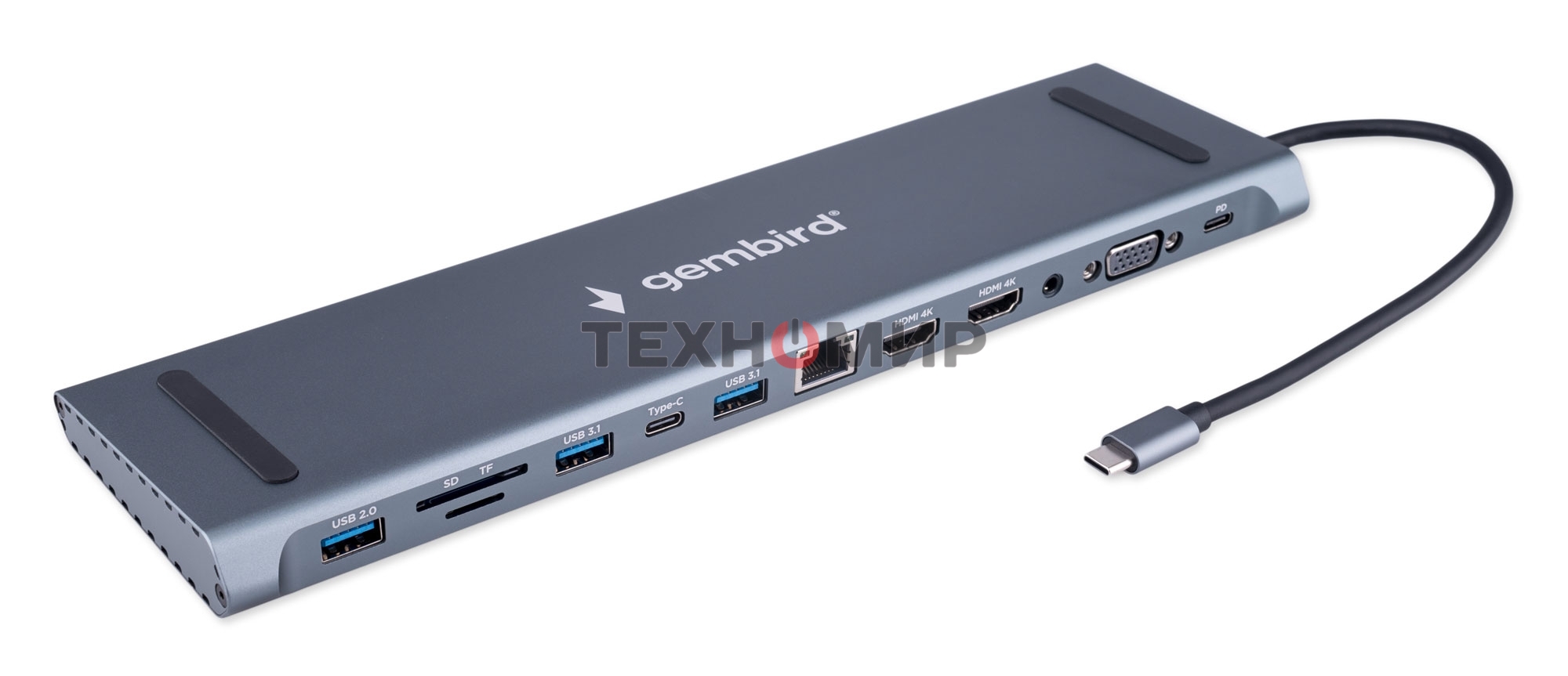 Концентратор USB Type-C Gembird UHB-D6, 12в1: 2xUSB3.1, USB2.0, RJ45, Type-C PD87W, Jack 3.5, SD/TF, 2xHDMI, VGA, Type-C, кабель 23см, алюминий