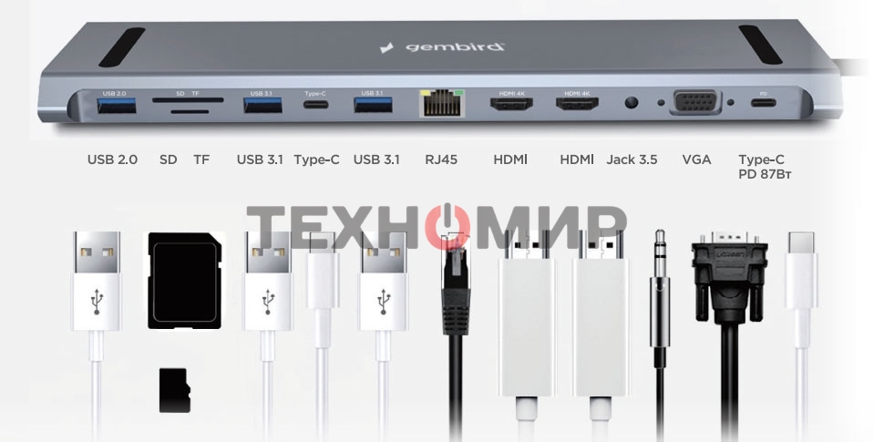 Концентратор USB Type-C Gembird UHB-D6, 12в1: 2xUSB3.1, USB2.0, RJ45, Type-C PD87W, Jack 3.5, SD/TF, 2xHDMI, VGA, Type-C, кабель 23см, алюминий