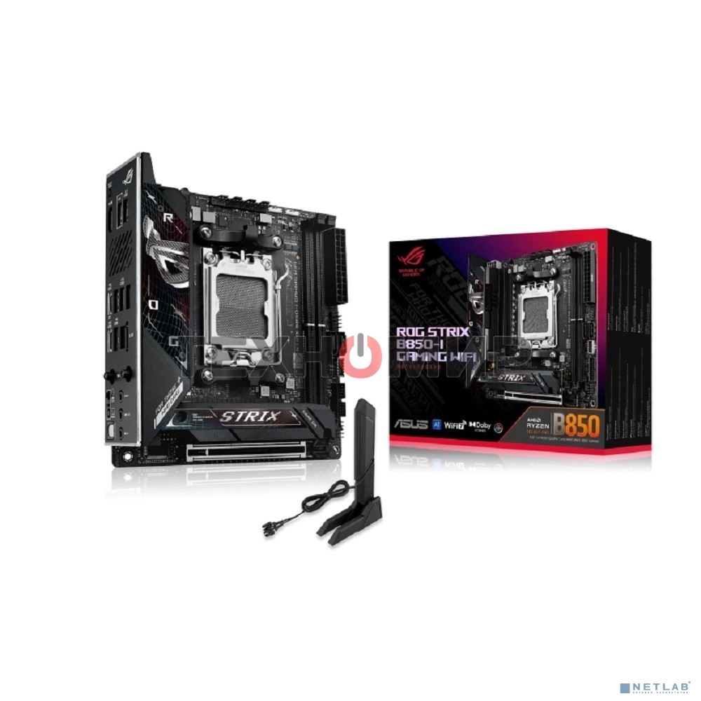 Материнская плата ASUS ROG STRIX B850-I GAMING WIFI, AM5, AMD B850, 2xDDR5, 2xM.2, 2xSATA, PCIe 4.0 x16, 1xHDMI, 1xUSB Type-C, 1x2.5Gb LAN, Wi-Fi 7, Bluetooth 5.4, 5xUSB-A 10Gbps, 1xUSB-C 20Gbps, 2xUSB-A 2.0, 3x3.5 мм, S/PDIF, 7.1, Mini-ITX