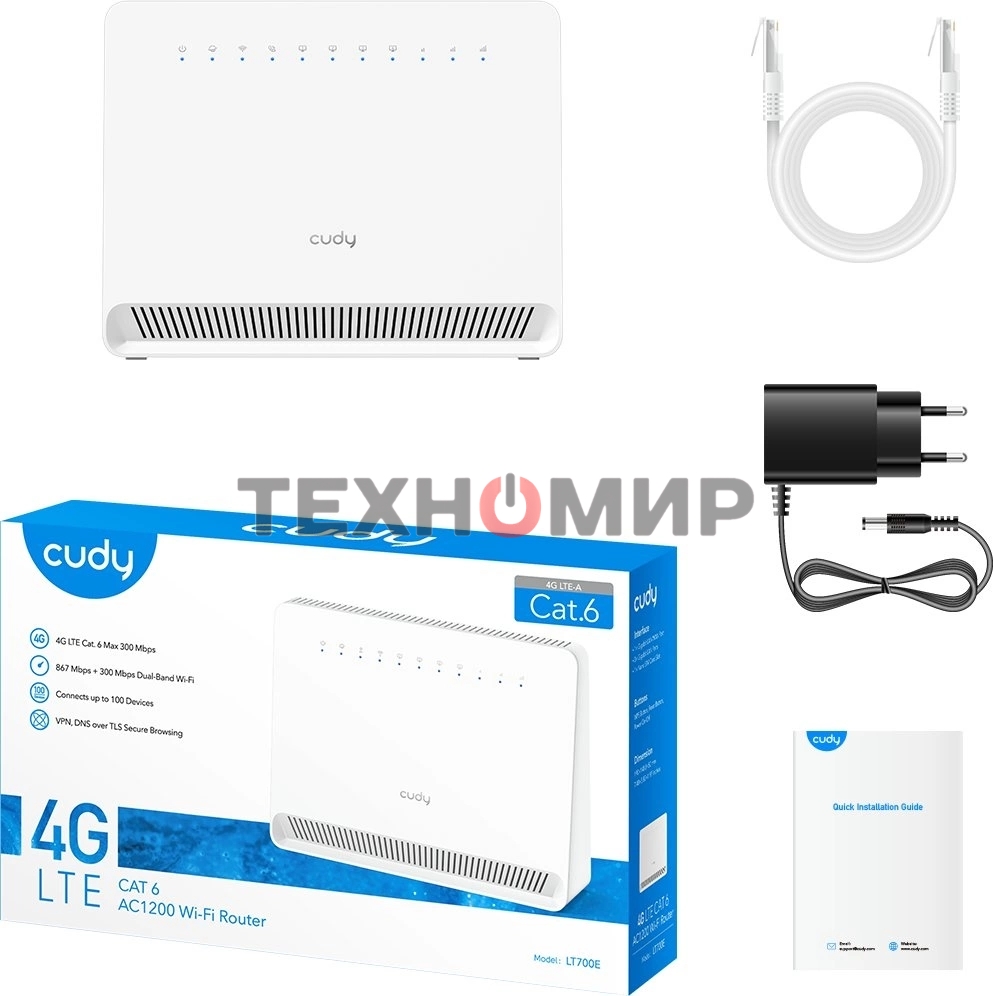 Маршрутизатор AC1200 Wi-Fi 4G LTE Cat 6 Gigabit Router, 4 10/100/1000M RJ45 Ports, Nano SIM Slot, Quectel module inside,build-in 4G LTE modem, 300Mbps at 2.4GHz + 867Mbps at 5GHz, Internal Antennas, PPTP/L2TP/OpenVPN/WireGuard VPN, DNS over Cloudflare/Goo