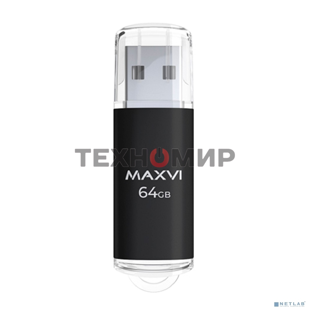 Флешка USB R/W Maxvi MP 64Gb USB 2.0 black, монолит с колпачком, металл + ABS пластик