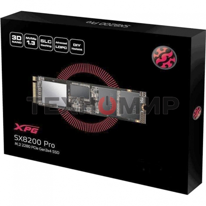Накопитель SSD XPG SX8200 Pro, 512 Gb, PCIe 3.0 x4, M.2 2280, NVMe, R/W 3350/2350, с радиатором