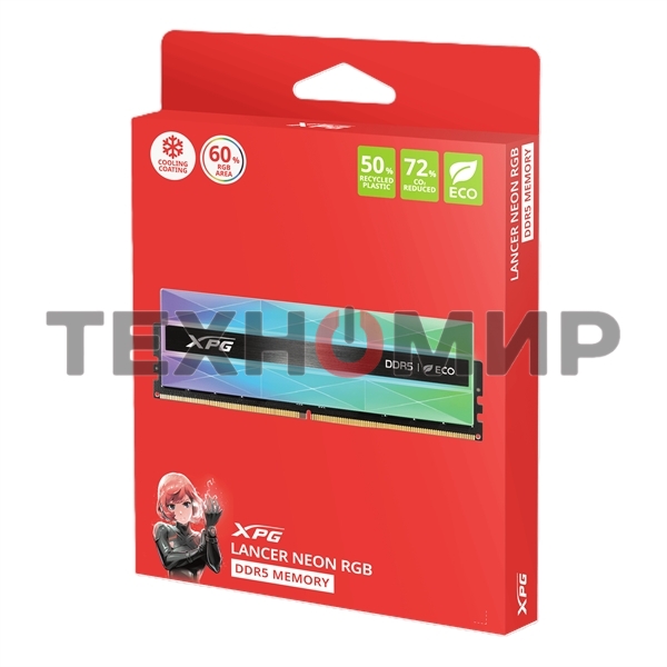 Оперативная память XPG Lancer Neon RGB, DDR5, 32GB (2x16GB), 6400MHz, CL32, DIMM, с радиаторами, RGB, серебристая