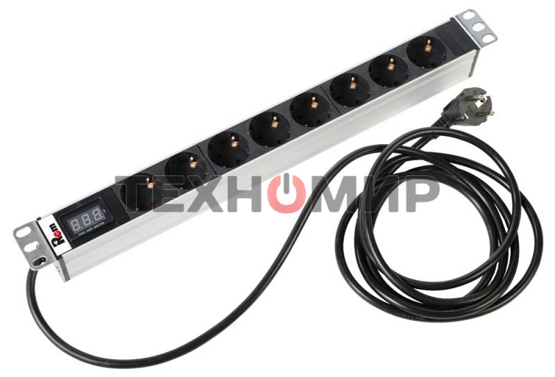 Блок розеток Rem-16 с амперметром, 8 Shuko, 16A, алюм., 19