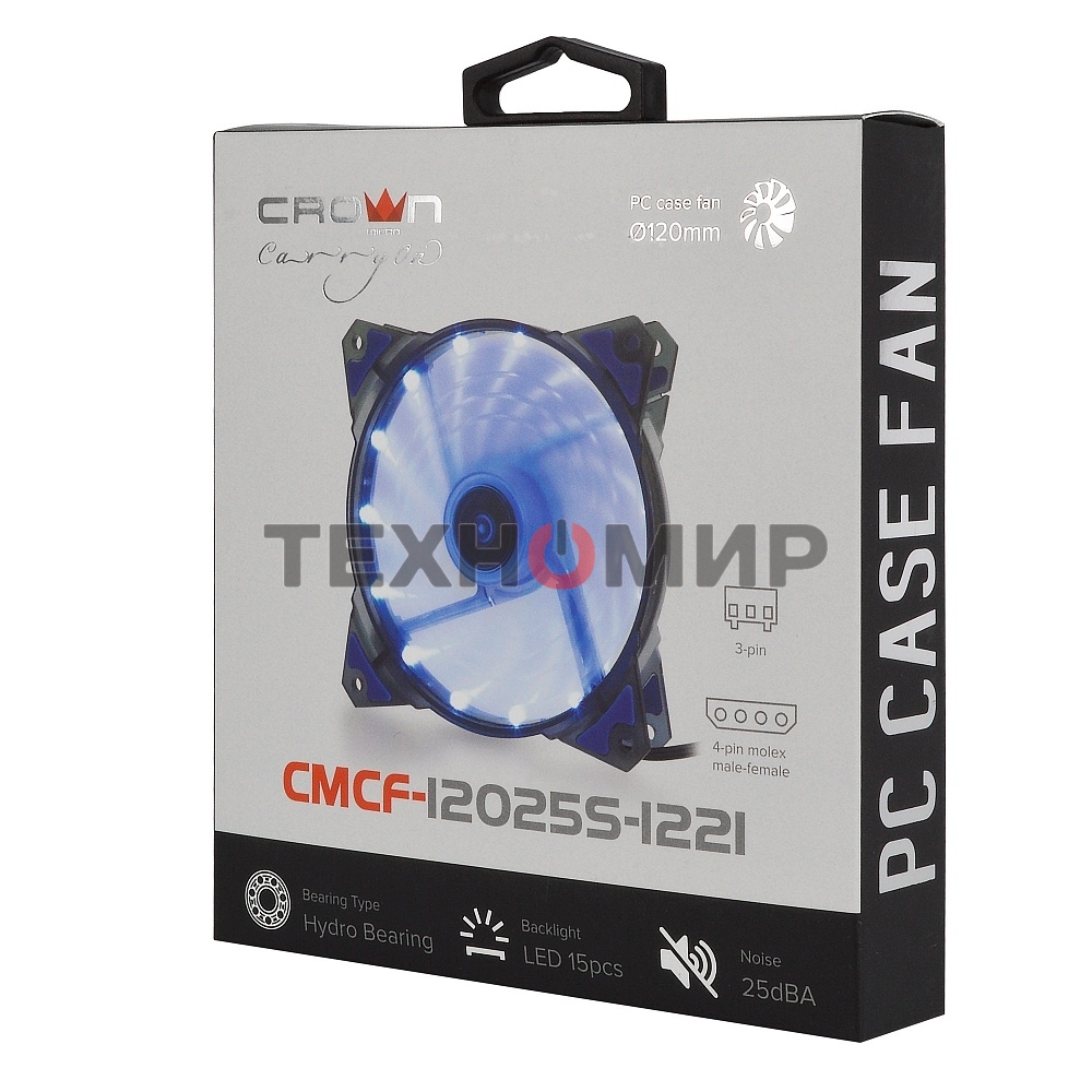 Вентилятор для корпуса Crown CMCF-12025S-1221 черный/синий, 120 мм, 1650 об/мин, 28 дБ, 3 pin