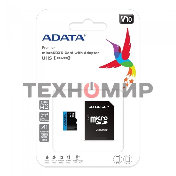 Флеш карта microSD 64Gb ADATA microSDHC Class 10 UHS-I A1 100/25 MB/s (SD адаптер)