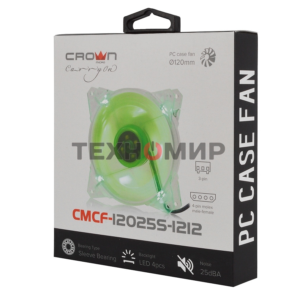 Вентилятор для корпуса Crown CMCF-12025S-1212 прозрачный/зеленый, 120 мм, 1650 об/мин, 28 дБ, 3 pin