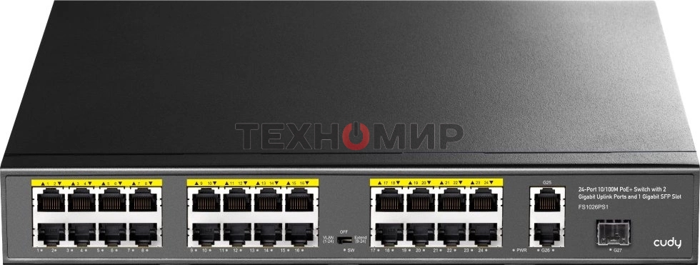 Коммутатор Cudy FS1026PS1, (L2) 24x100 Мбит/с 2x1 Гбит/с, 1SFP, 24PoE, 24PoE+ 300W, неуправляемый