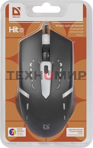 Мышь проводная Defender Hit MB-601 черный, 1200 dpi, USB, кнопки - 4
