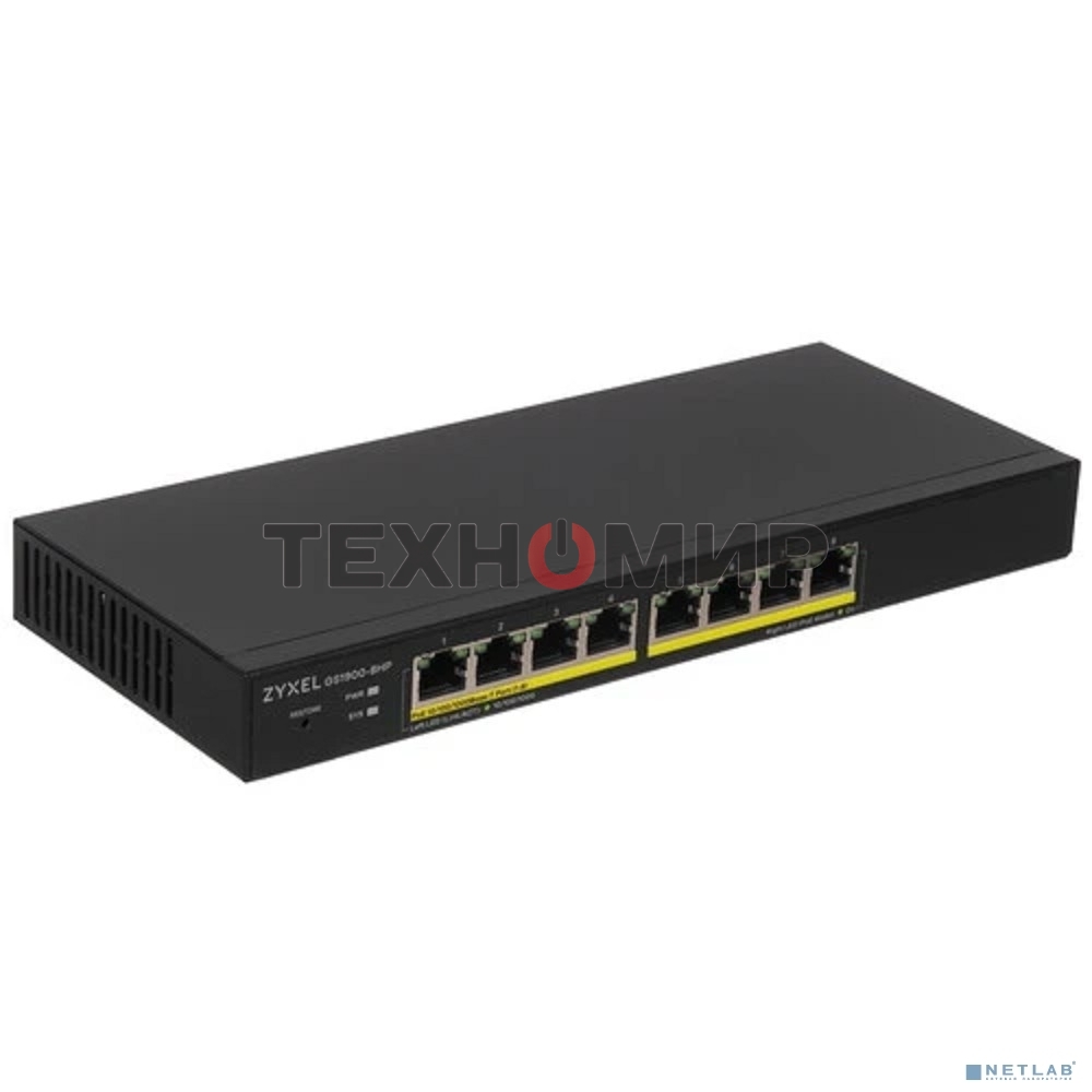 Коммутатор Smart L2 PoE+ Zyxel GS1900-8HP, 8xGE PoE+, настольный, бесшумный, бюджет PoE 70 Вт