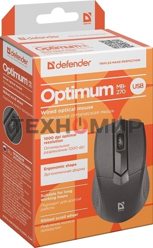 Мышь проводная Defender Optimum MB-270 черный, 1000 dpi, USB, кнопки - 3
