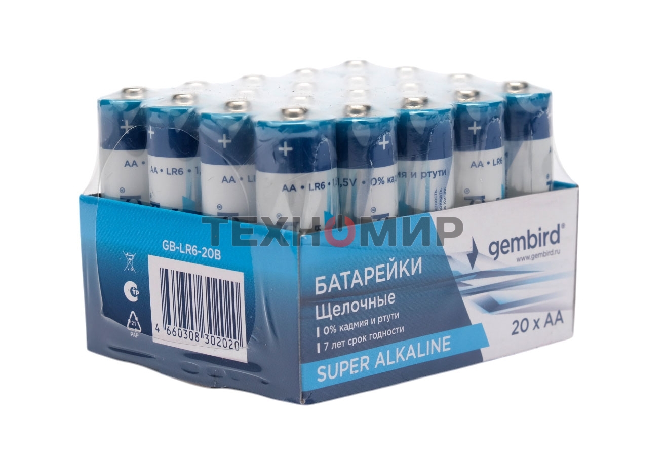 Батарейки щелочные/алкалиновые Gembird Gb-LR6-20B, тип AA, 20шт, коробка