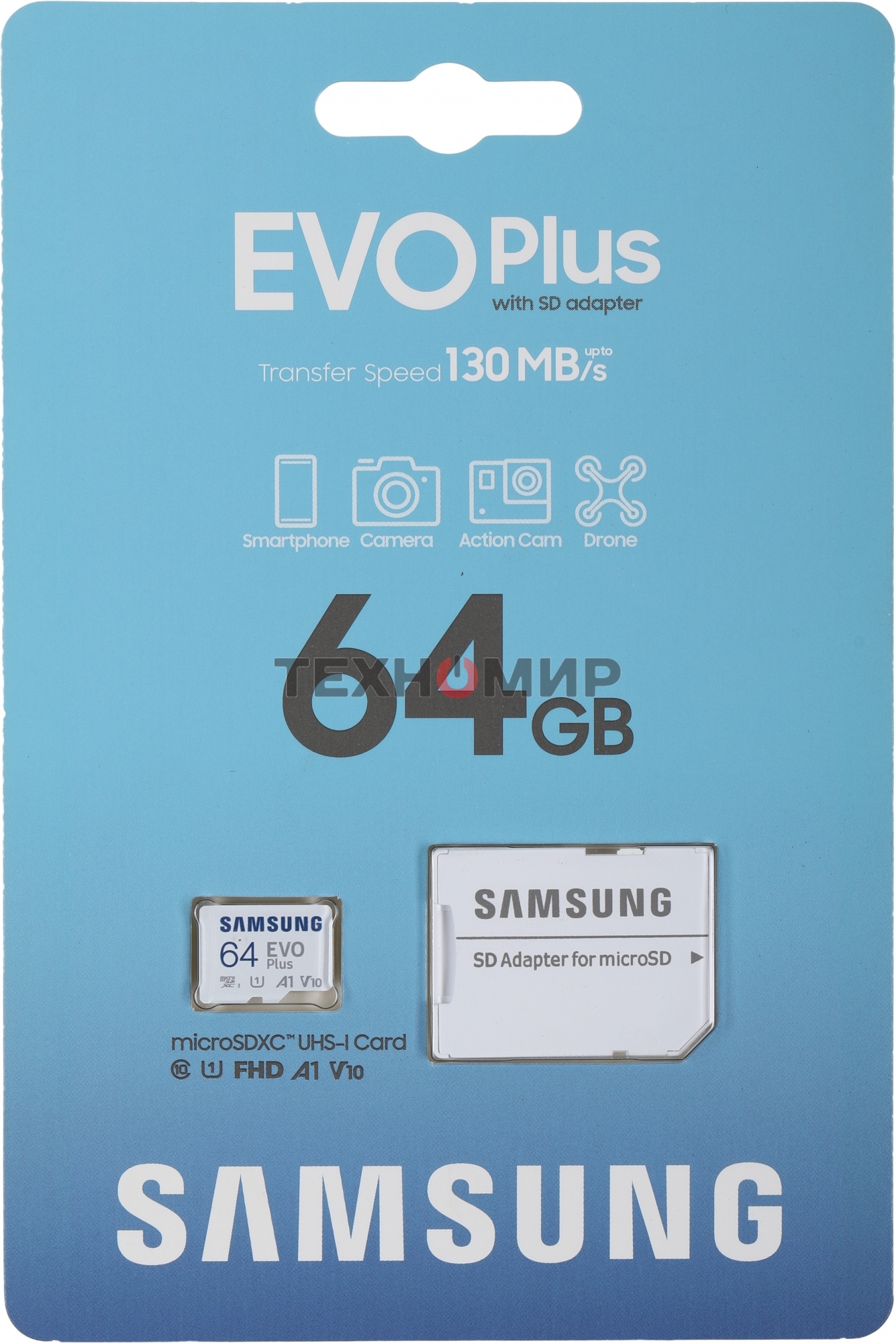 Флеш карта microSDXC 64GB Samsung EVO Plus Memory Card Samsung UHS-I U1 Class 10, Adapter, 130 MB/s, 10000 циклов, - 25°C to 85°C, RTL Samsung MB-MC64KA